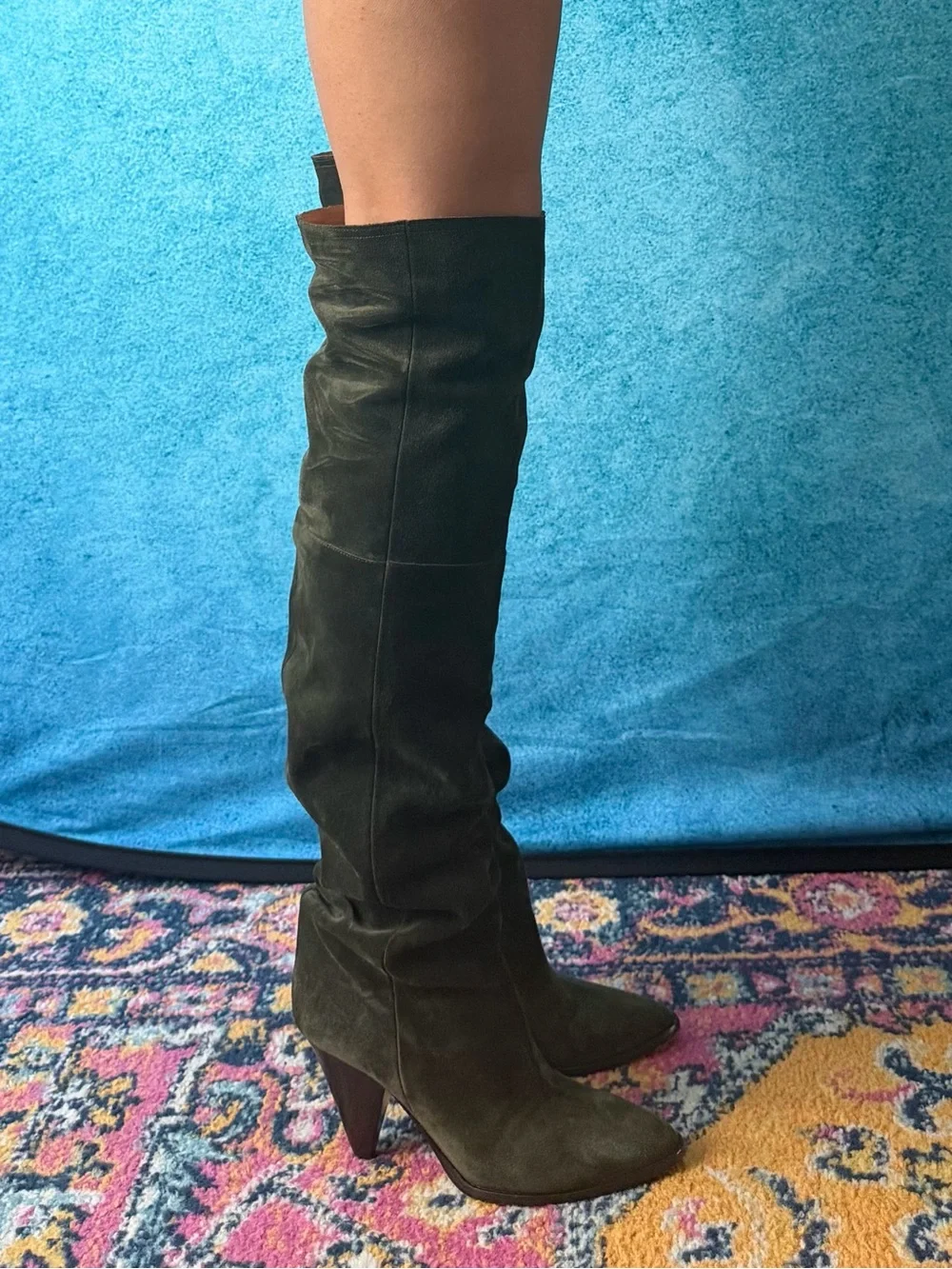 Isabelle Marant Olive Suede Over-The-Knee Cone Heel Boots